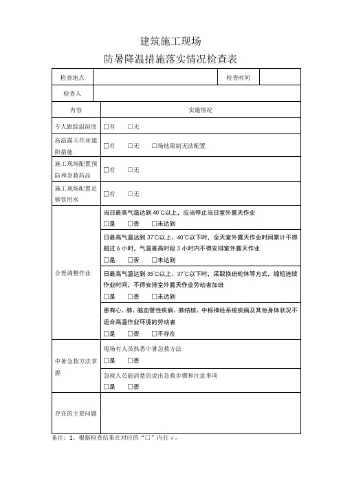 建筑施工现场防暑降温措施落实情况检查表