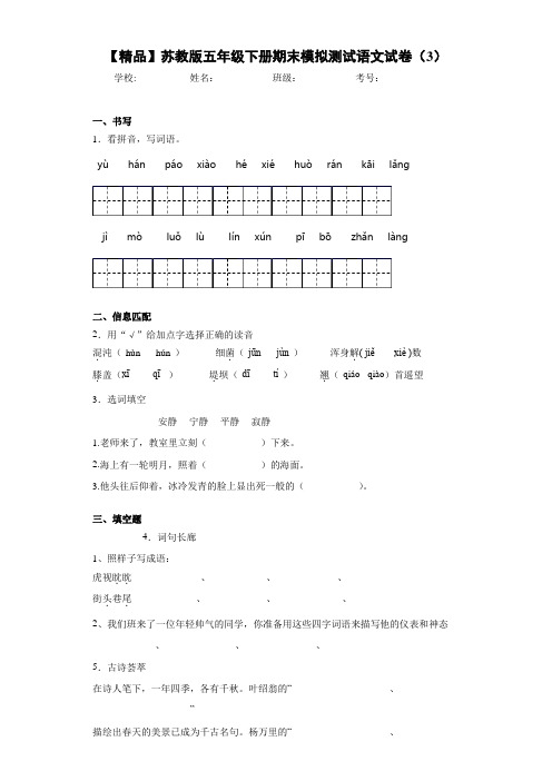 小学五年级下册期末模拟测试语文试卷B(含答案解析)