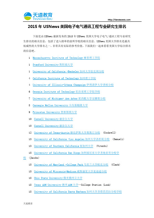 【天道独家】2015年USNews美国电子电气通讯工程专业研究生排名