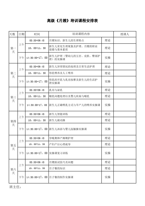 高级月嫂职业技能培训课程表