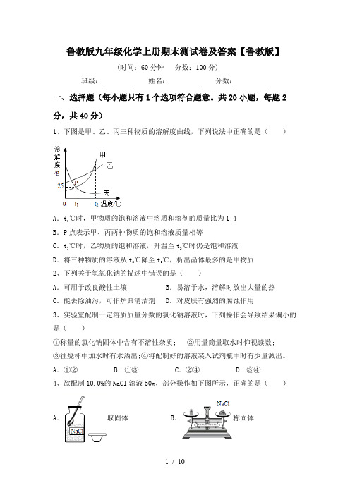 鲁教版九年级化学上册期末测试卷及答案【鲁教版】