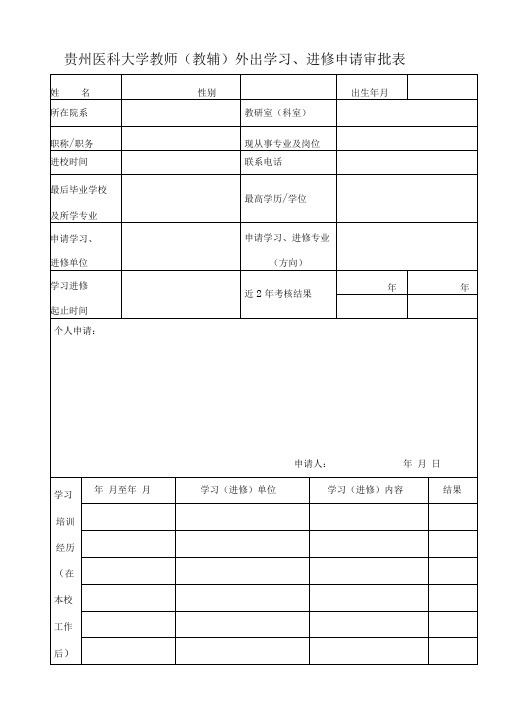 贵州医科大学教师外出学习、进修申请审批表