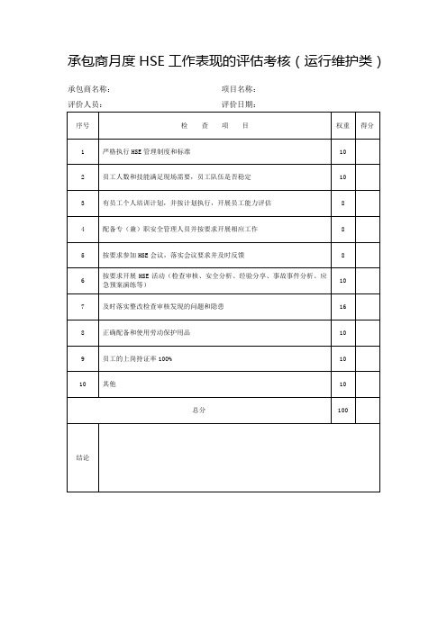 承包商月度HSE工作表现的评估考核(运行维护类)