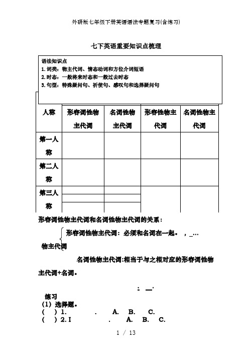 外研版七年级下册英语语法专题复习(含练习)