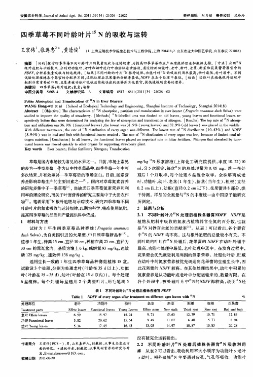 四季草莓不同叶龄叶片 15N的吸收与运转