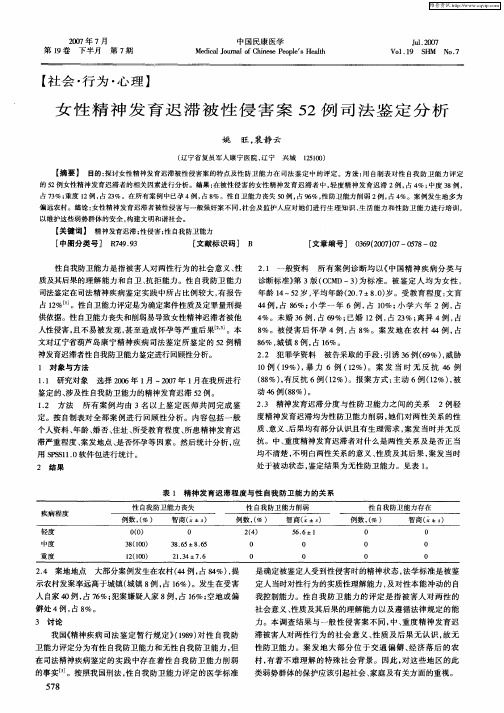 女性精神发育迟滞被性侵害案52例司法鉴定分析