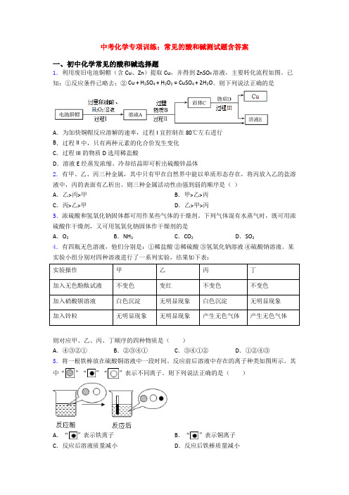 中考化学专项训练：常见的酸和碱测试题含答案