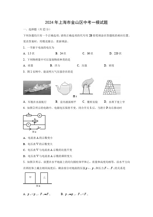 【物理】2024年上海市金山区中考一模试题