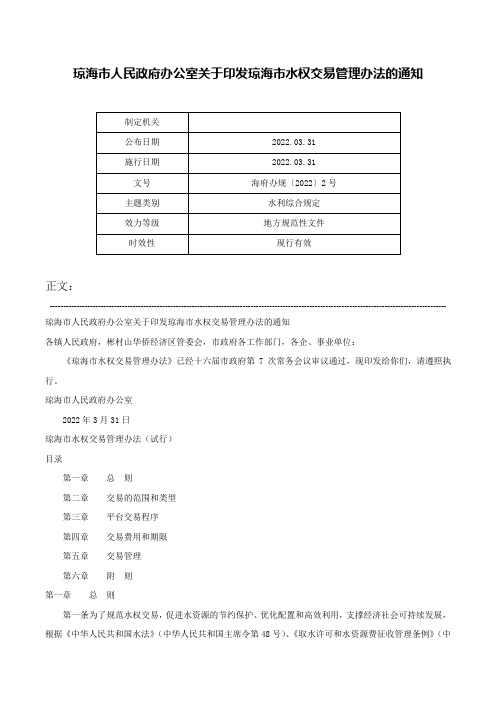 琼海市人民政府办公室关于印发琼海市水权交易管理办法的通知-海府办规〔2022〕2号