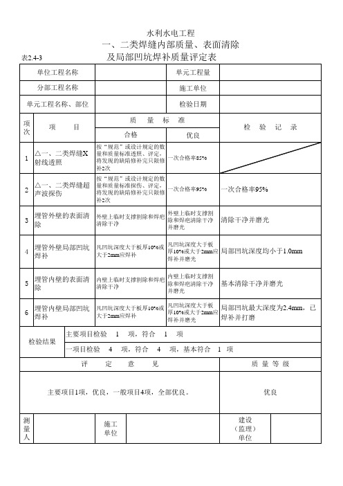 表2.4-3 一、二类焊缝内部质量、表面清除及局部凹坑焊补质量评定表(例表)