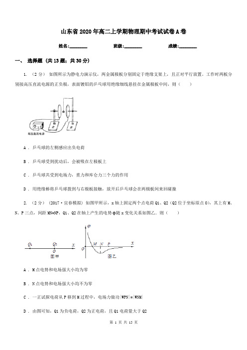 山东省2020年高二上学期物理期中考试试卷A卷(考试)