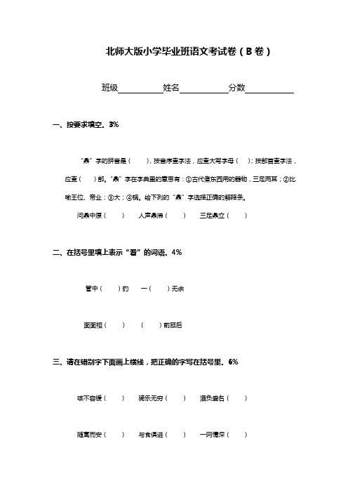 (北师大版)小学毕业班语文考试卷(B卷)