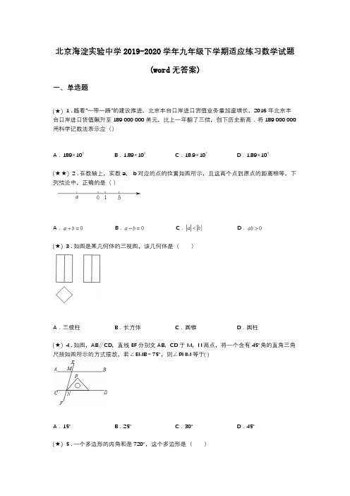 北京海淀实验中学2019-2020学年九年级下学期适应练习数学试题(word无答案)