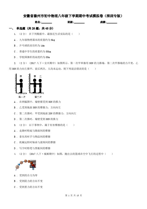 安徽省滁州市初中物理八年级下学期期中考试模拟卷(深圳专版)