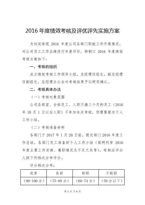 2016年度绩效考核及评优评先实施方案