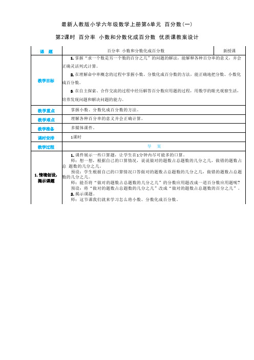 人教小学六年级数学上册 第6单元 百分数(一)《第2课时 百分率小数和分数化成百分数》优质课教案设计