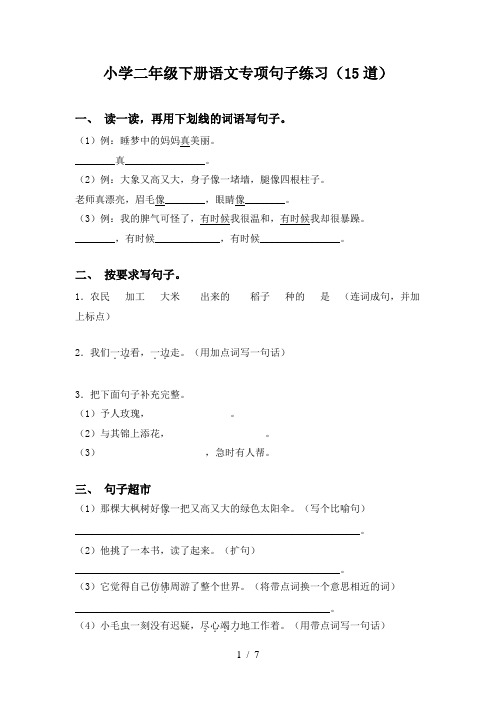 小学二年级下册语文专项句子练习(15道)