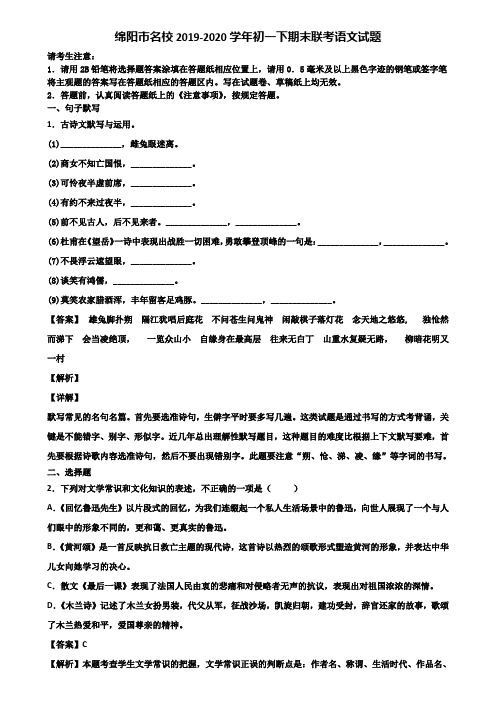 绵阳市名校2019-2020学年初一下期末联考语文试题含解析