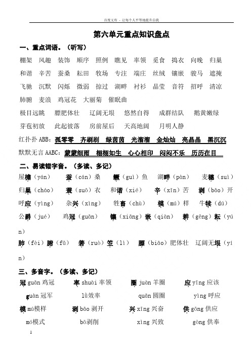 小学语文四年级下册语文第六单元重点知识盘点