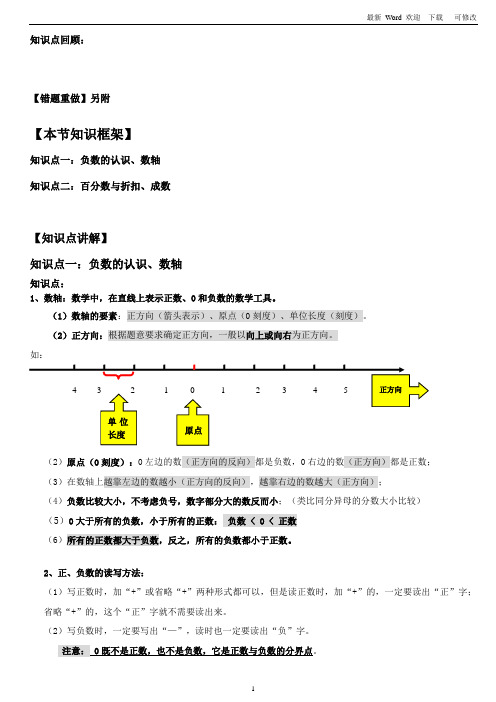 人教版六年级下册数学负数的认识、数轴、百分数与折扣、成数  试题