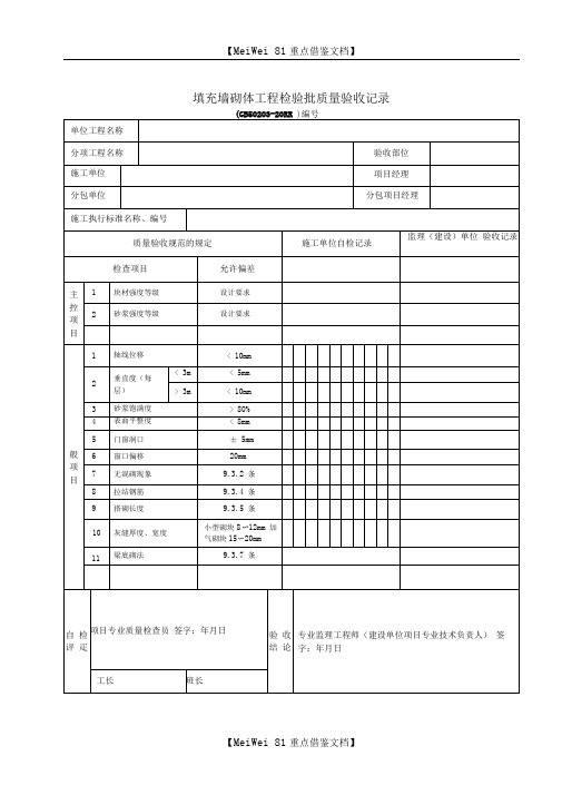 填充墙砌体工程检验批质量验收记录