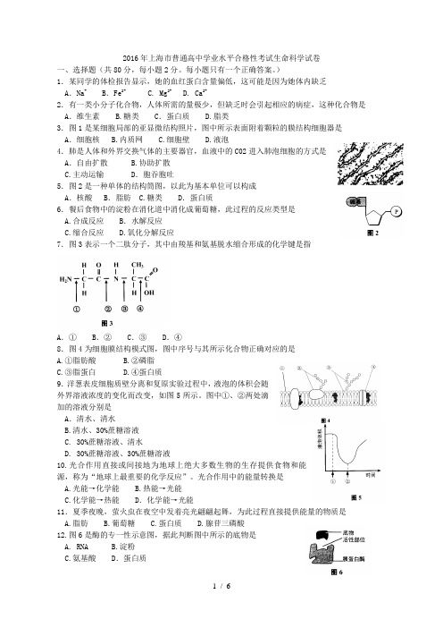 上海市普通高中2016年学业水平考试生物试题(无答案)