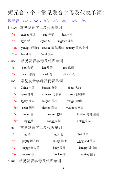 7个短元音常见发音字母及代表单词