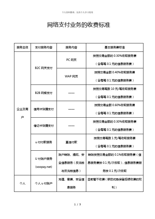 网络支付业务的收费标准