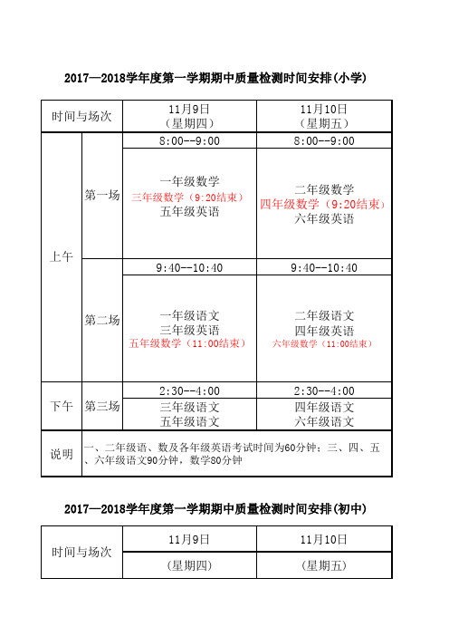 期中考试日程安排