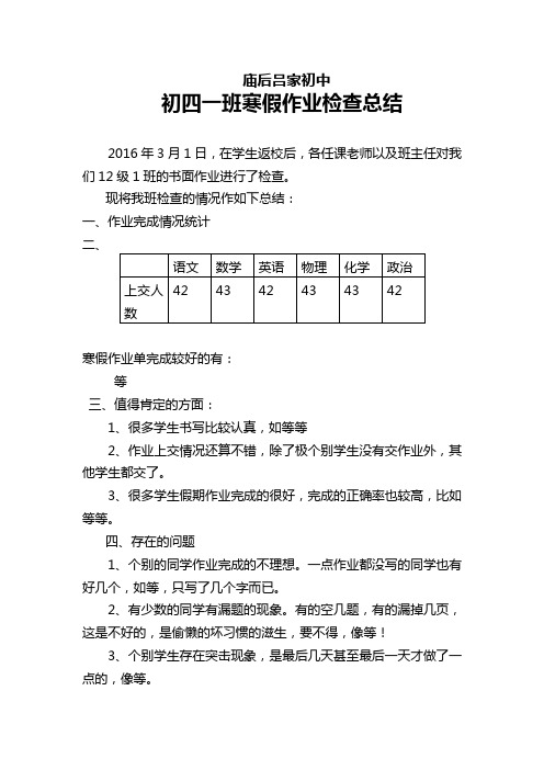 2015-2016假期班级作业检查总结