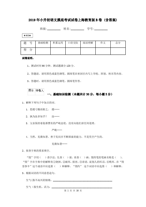 2019年小升初语文摸底考试试卷上海教育版B卷 (含答案)