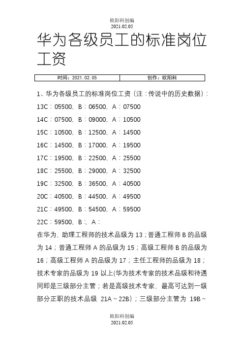 华为各级员工的标准岗位工资-华为级之欧阳科创编