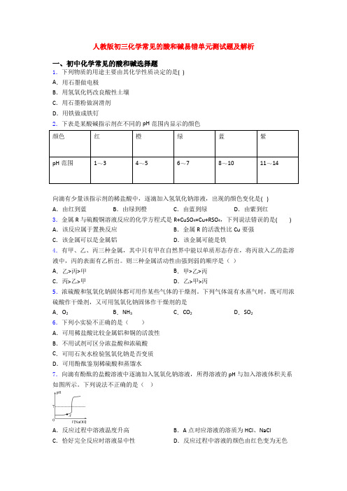 人教版初三化学常见的酸和碱易错单元测试题及解析