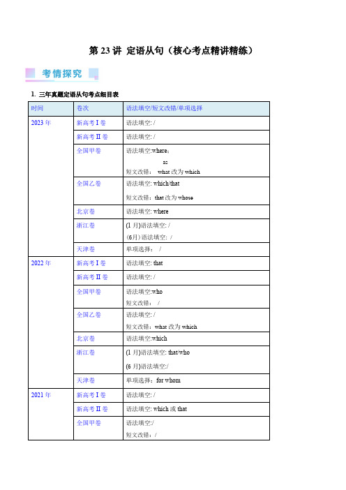 定语从句(核心考点精讲精练)(原卷版)-备战2024年高考英语一轮复习考点帮(全国通用)