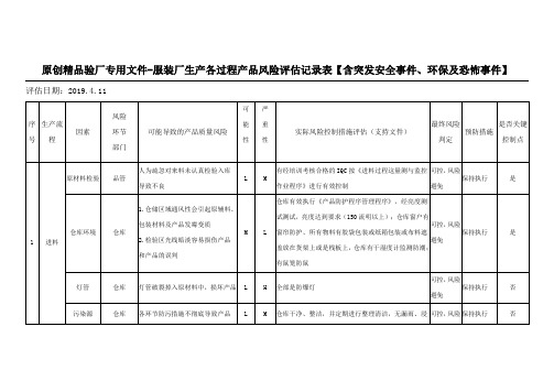 原创精品验厂专用文件-服装厂生产各过程产品风险评估记录表【含突发安全事件、环保及恐怖事件】