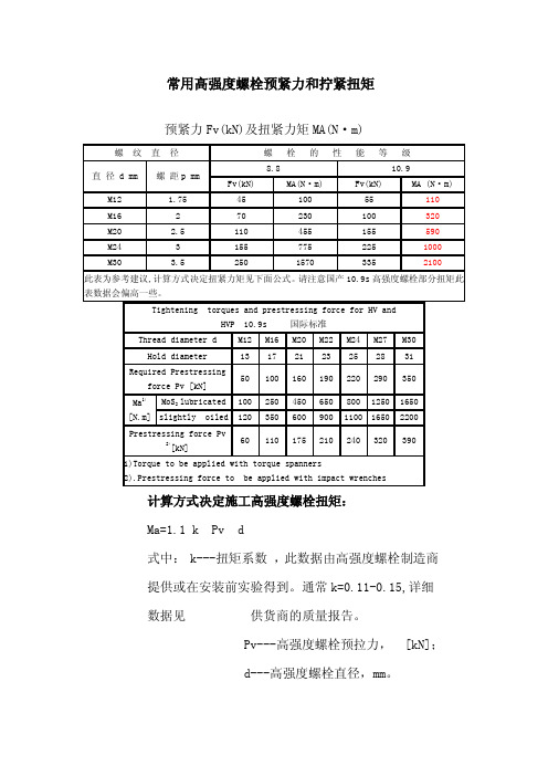 常用高强度螺栓预紧力和拧紧扭矩