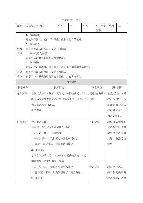 劳动项目一 洗头(教案)2023-2024学年人教版二年级《劳动教育》下册