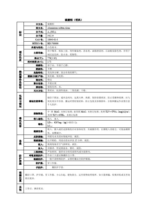 硫酸铝(明矾)化学品安全技术说明书MSDS