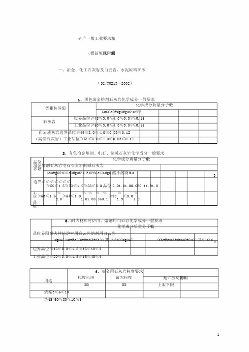 矿产工业指标一览表