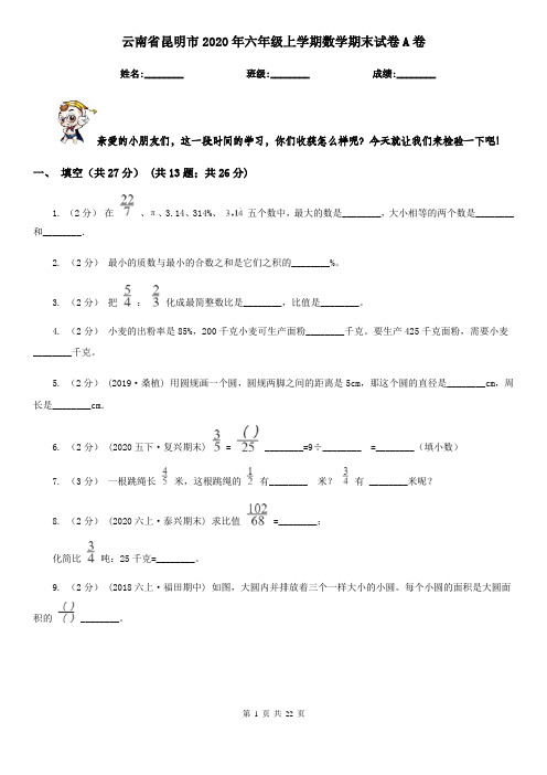 云南省昆明市2020年六年级上学期数学期末试卷A卷