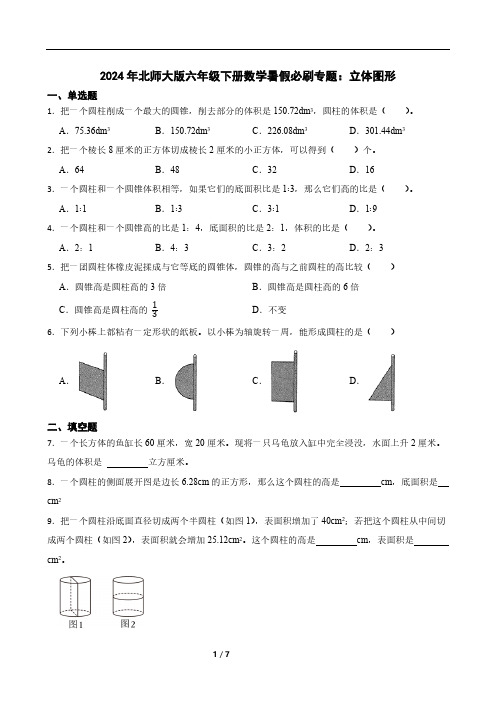 2024年北师大版六年级下册数学暑假必刷专题：立体图形(含答案)