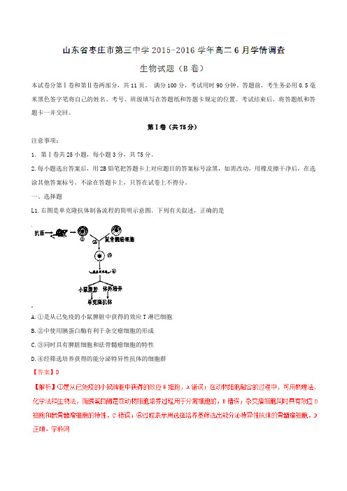 【全国百强校】山东省枣庄市第三中学2015-2016学年高二6月学情调查生物试题(B卷)解析(解析版)