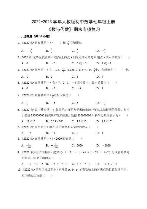 2022-2023学年人教版初中数学七年级上册《数与代数》期末专项复习(附参考答案)