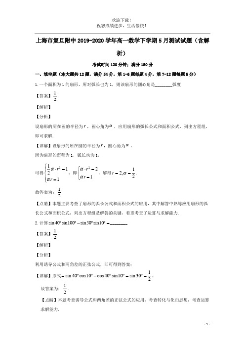 上海市复旦附中2019_2020学年高一数学下学期5月测试试题含解析