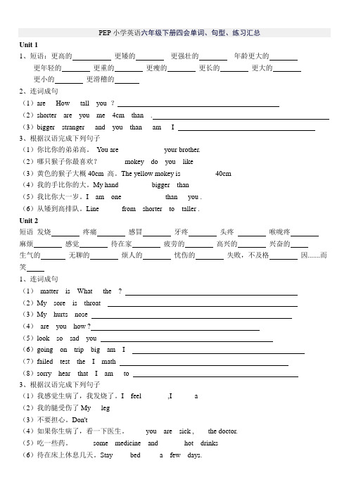 PEP小学英语六年级下册1-3单元四会单词、句型、练习汇总