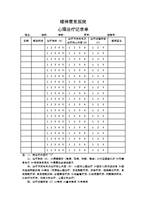 精神康复医院精神科心理治疗记录单