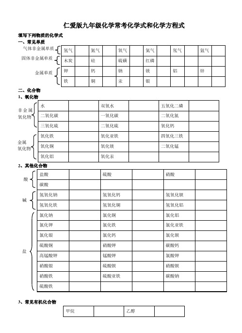 仁爱版九年级化学常考化学式和化学方程式