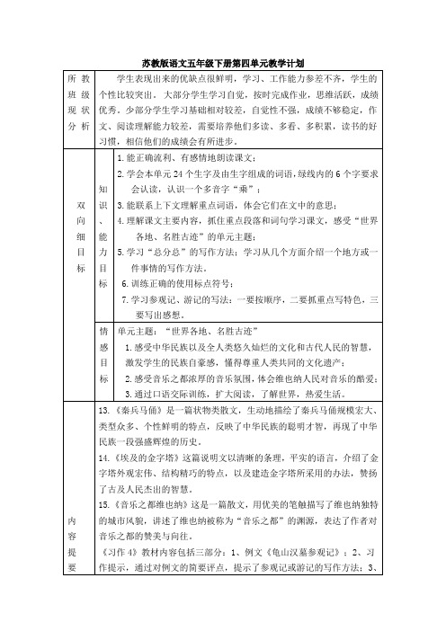 苏教版语文五年级下册第四单元教学计划