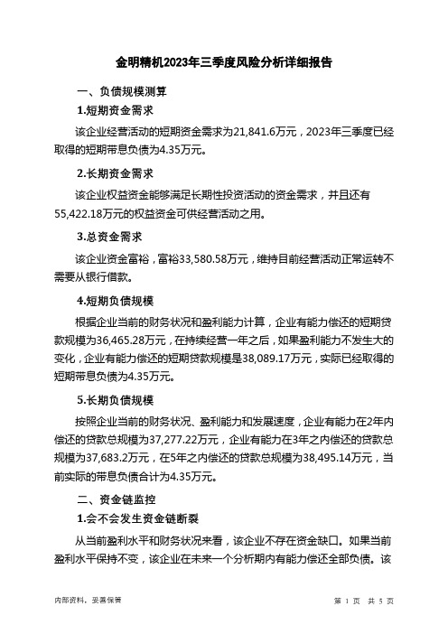 300281金明精机2023年三季度财务风险分析详细报告