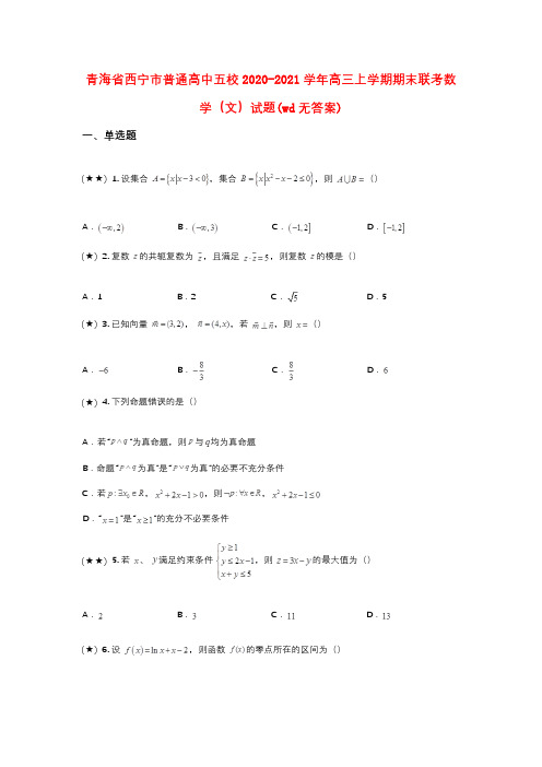 青海省西宁市普通高中五校2020-2021学年高三上学期期末联考数学(文)试题(wd无答案)